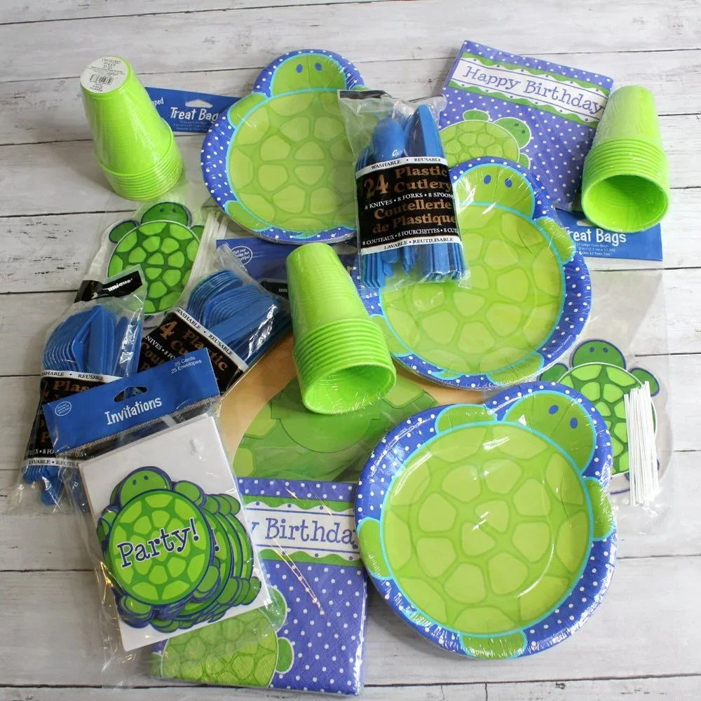 Kid Birthday Party LOT Turtle Plates Invitations Disposable Paper